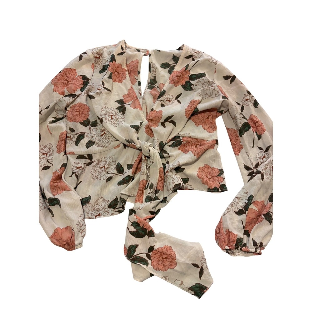 (A8) Fashion Nova Floral Tie Front Open Back Blouse XL Cream Pink Boho Top